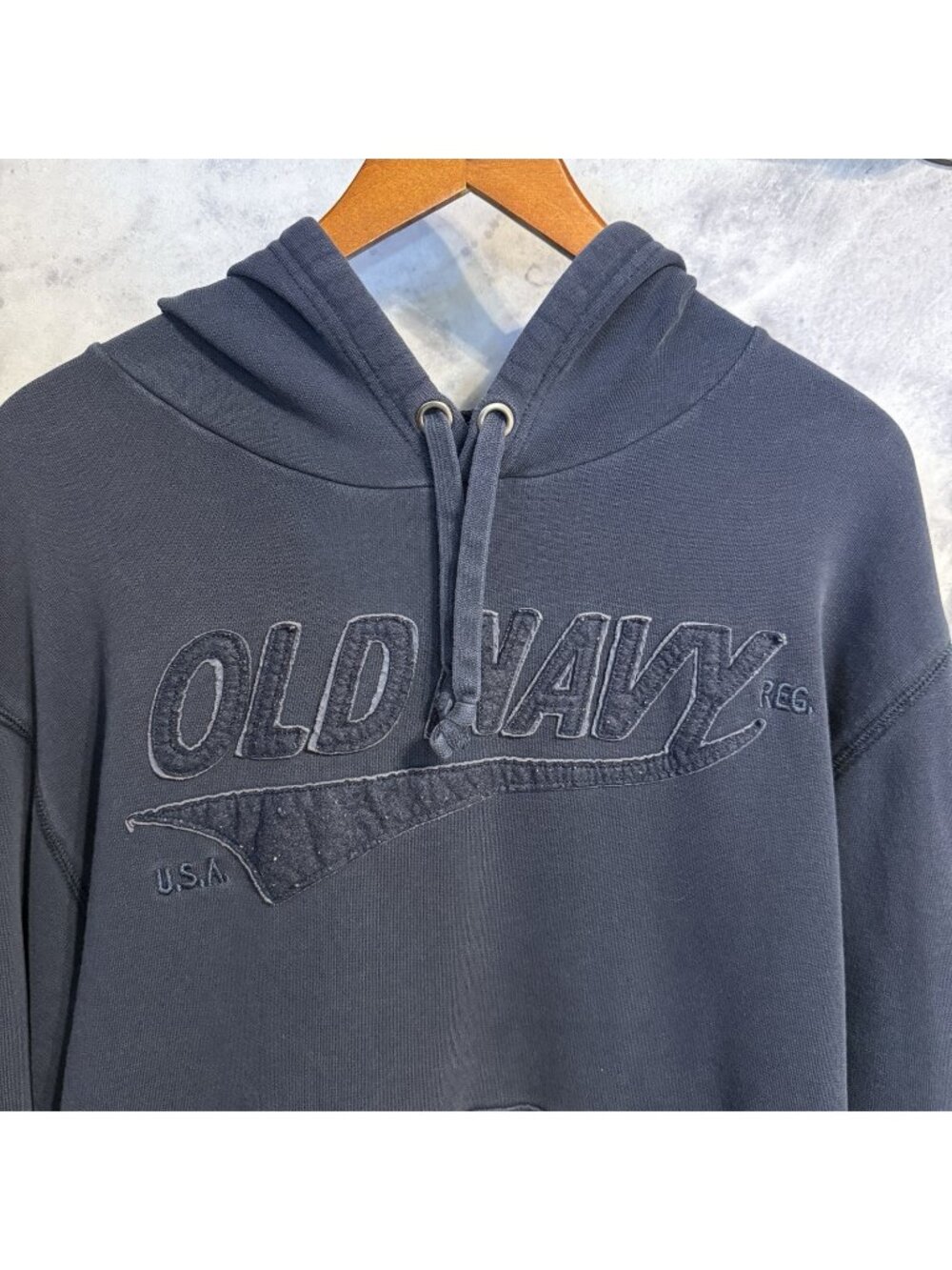 VTG 90s Old Navy Pullover Hoodie Sweatshirt Faded Navy Blue Large Patch Logo L